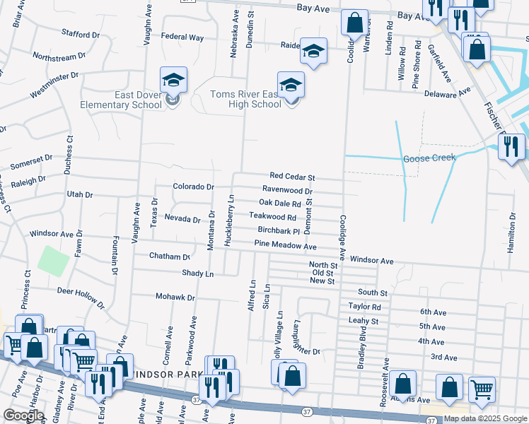 map of restaurants, bars, coffee shops, grocery stores, and more near 1922 Teakwood Road in Toms River
