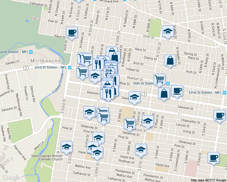 map of restaurants, bars, coffee shops, grocery stores, and more near 5936 Chestnut Street in Philadelphia
