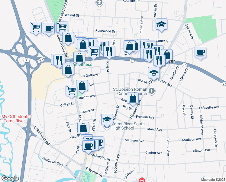 map of restaurants, bars, coffee shops, grocery stores, and more near 76 Dayton Avenue in Toms River