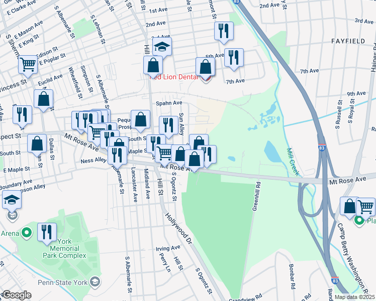 map of restaurants, bars, coffee shops, grocery stores, and more near 584 South Yale Street in York