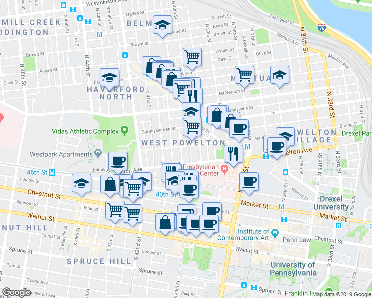 map of restaurants, bars, coffee shops, grocery stores, and more near 326 North 40th Street in Philadelphia