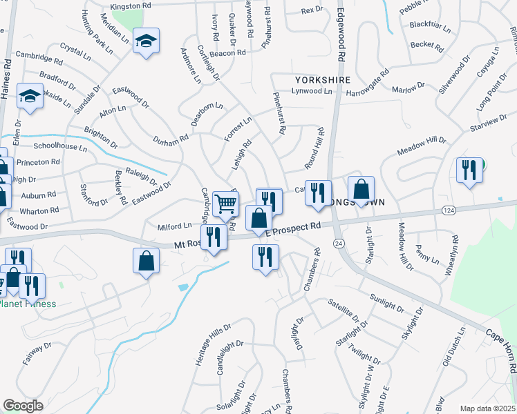 map of restaurants, bars, coffee shops, grocery stores, and more near 2850 Carol Road in East York