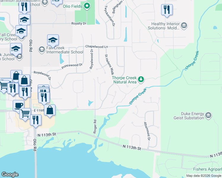 map of restaurants, bars, coffee shops, grocery stores, and more near 11768 Tylers Close in Fishers