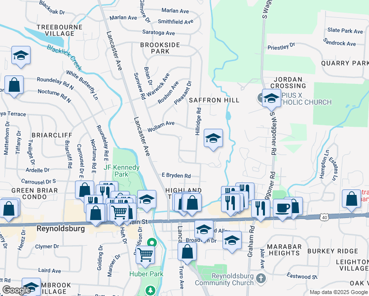 map of restaurants, bars, coffee shops, grocery stores, and more near 7400 Tobin Avenue in Reynoldsburg