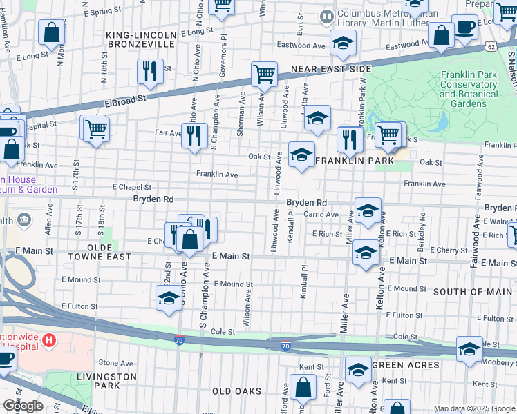 map of restaurants, bars, coffee shops, grocery stores, and more near 285 Wilson Avenue in Columbus