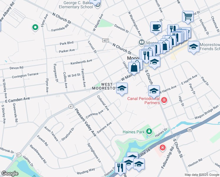 map of restaurants, bars, coffee shops, grocery stores, and more near 312 West Main Street in Moorestown