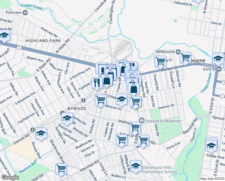 map of restaurants, bars, coffee shops, grocery stores, and more near 42 Brandon Road in Upper Darby