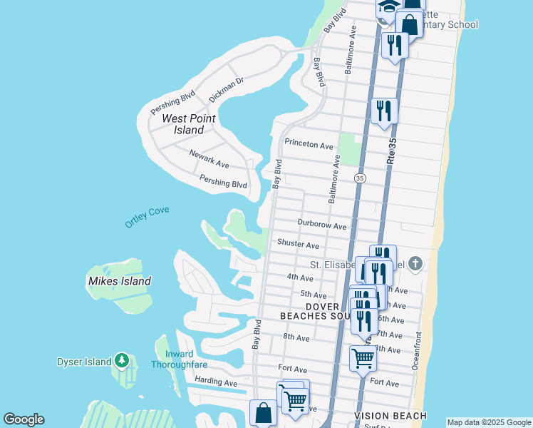 map of restaurants, bars, coffee shops, grocery stores, and more near 2031 Bay Boulevard in Seaside Heights
