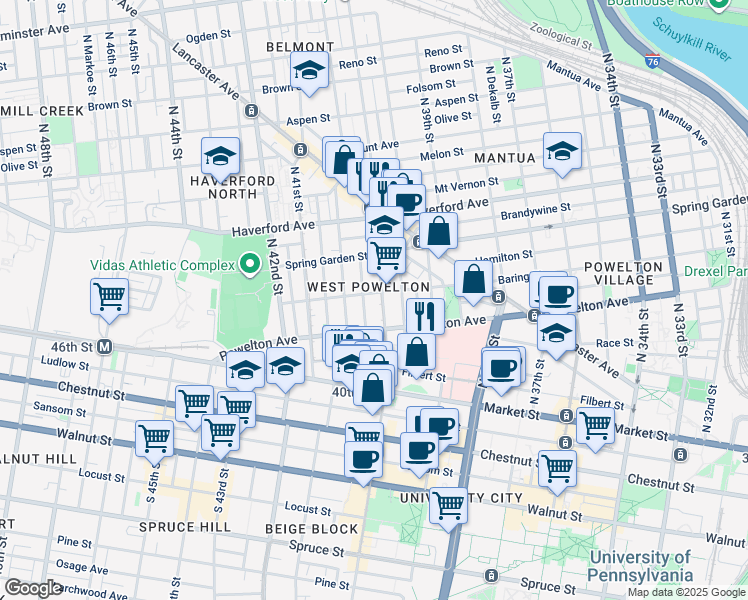 map of restaurants, bars, coffee shops, grocery stores, and more near 318 North 40th Street in Philadelphia