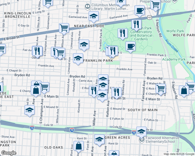 map of restaurants, bars, coffee shops, grocery stores, and more near 1459 Bryden Road in Columbus