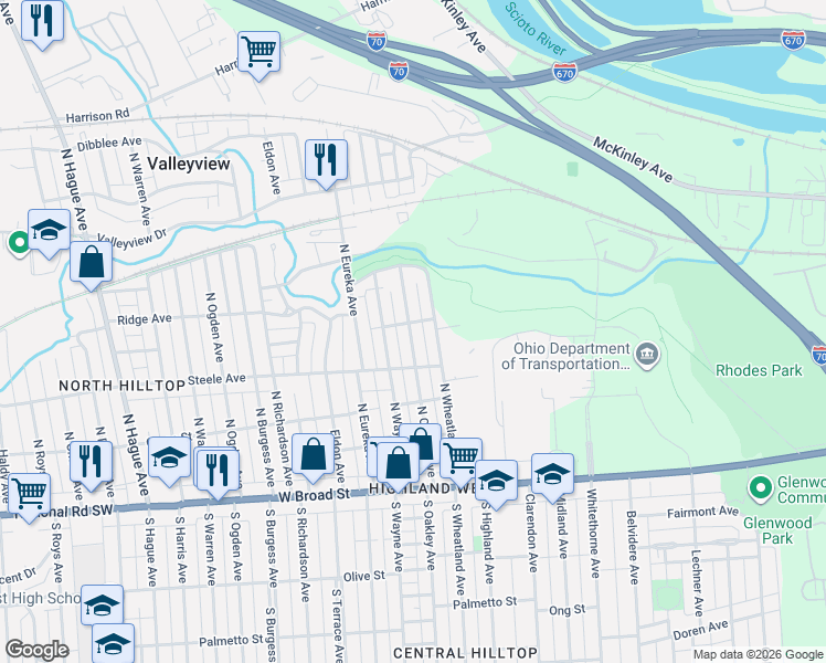 map of restaurants, bars, coffee shops, grocery stores, and more near 217 North Oakley Avenue in Columbus