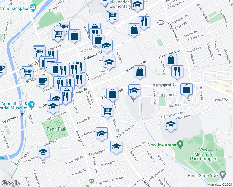 map of restaurants, bars, coffee shops, grocery stores, and more near 316 East College Avenue in York
