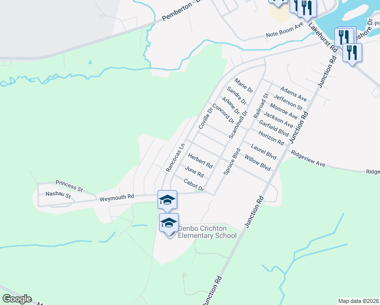 map of restaurants, bars, coffee shops, grocery stores, and more near 22 Coville Drive in Pemberton Township