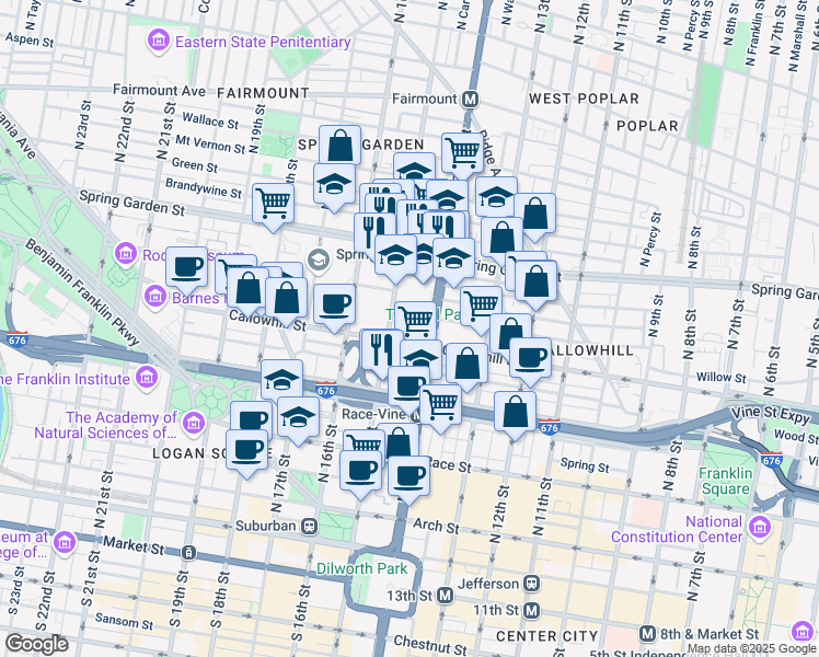 map of restaurants, bars, coffee shops, grocery stores, and more near 400 North Broad Street in Philadelphia