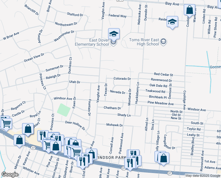 map of restaurants, bars, coffee shops, grocery stores, and more near 1424 Nevada Drive in Toms River