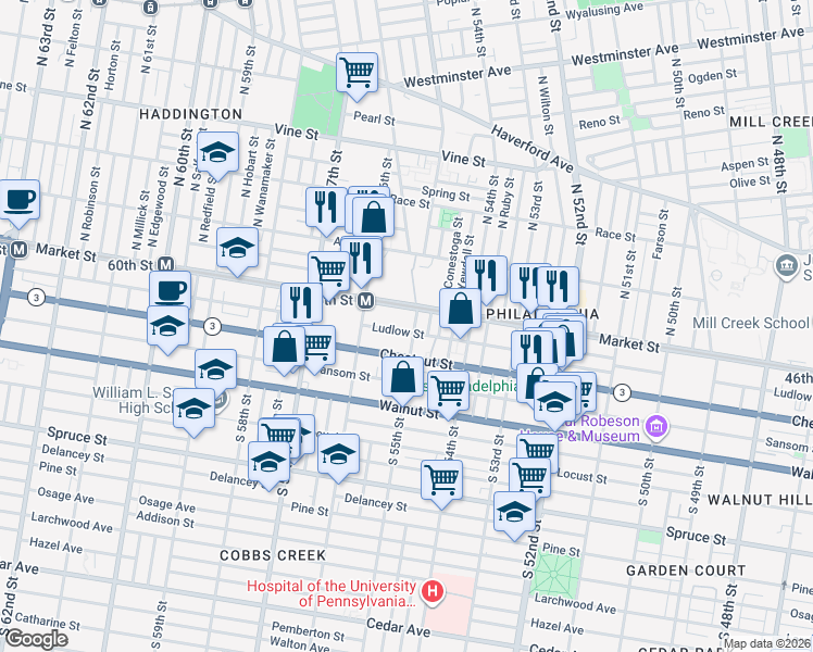 map of restaurants, bars, coffee shops, grocery stores, and more near 26 South 55th Street in Philadelphia