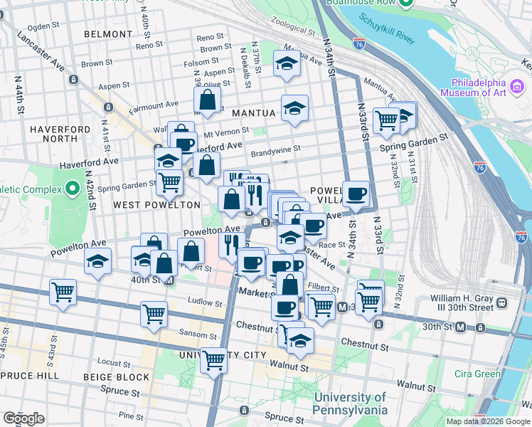 map of restaurants, bars, coffee shops, grocery stores, and more near 3725 Lancaster Avenue in Philadelphia