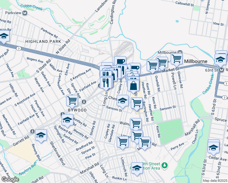 map of restaurants, bars, coffee shops, grocery stores, and more near 42 Brandon Road in Upper Darby