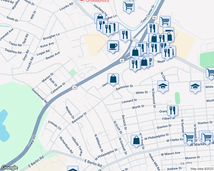 map of restaurants, bars, coffee shops, grocery stores, and more near 2150 Hess Road in York