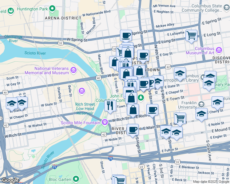 map of restaurants, bars, coffee shops, grocery stores, and more near 77 South Front Street in Columbus