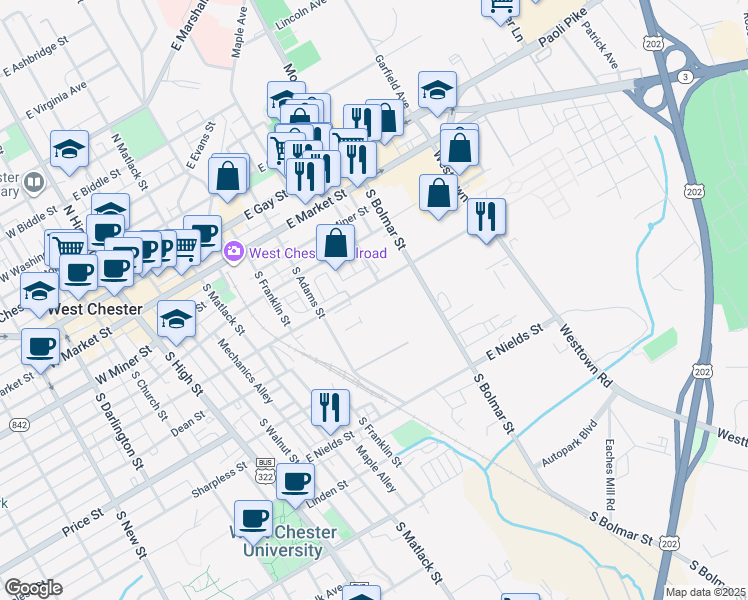 map of restaurants, bars, coffee shops, grocery stores, and more near 540 East Union Street in West Chester