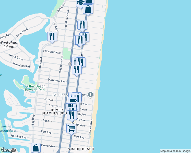 map of restaurants, bars, coffee shops, grocery stores, and more near 7 Dover Avenue in Lavallette