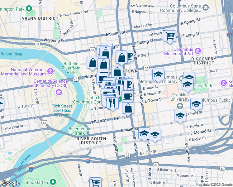 map of restaurants, bars, coffee shops, grocery stores, and more near 39 East State Street in Columbus