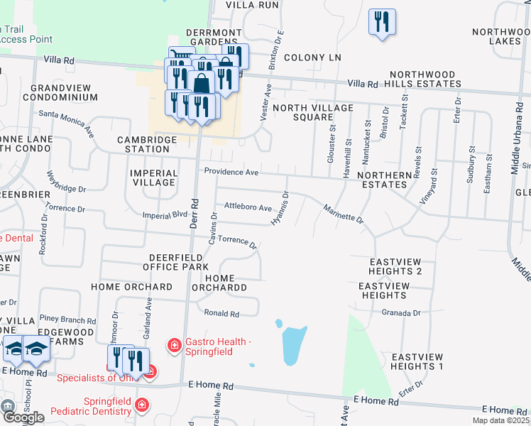 map of restaurants, bars, coffee shops, grocery stores, and more near 1609 Attleboro Avenue in Springfield