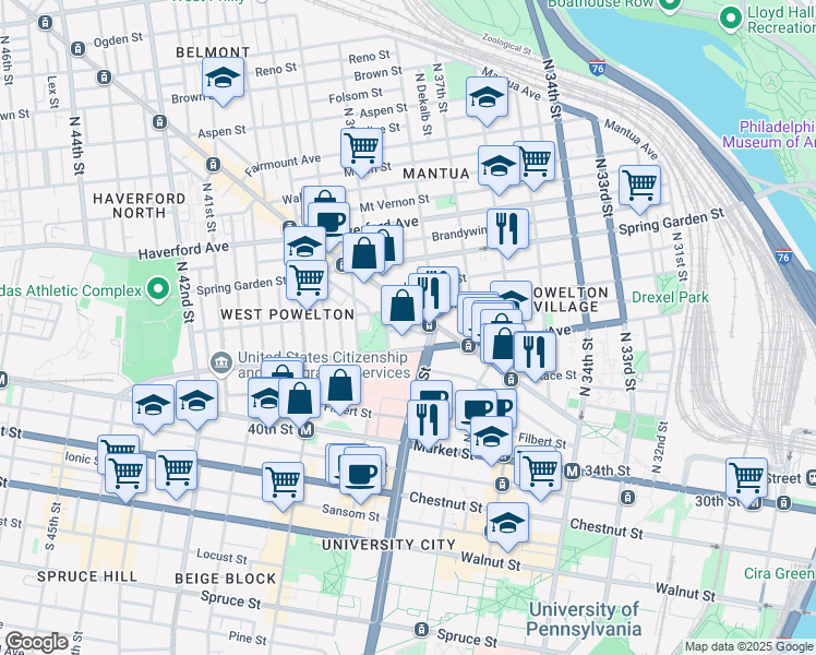 map of restaurants, bars, coffee shops, grocery stores, and more near 3823 Pearl Street in Philadelphia