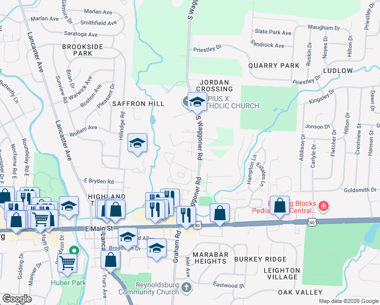 map of restaurants, bars, coffee shops, grocery stores, and more near 1184 Foxcreek Lane in Reynoldsburg