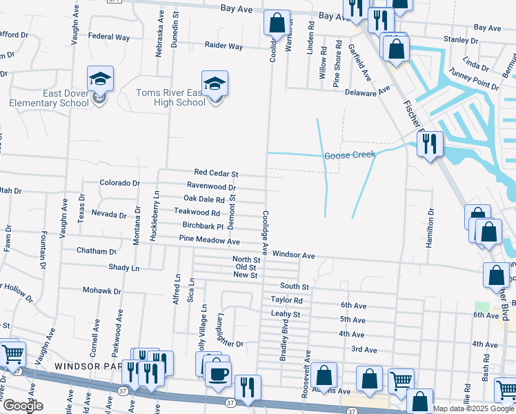 map of restaurants, bars, coffee shops, grocery stores, and more near 2023 Oak Dale Road in Toms River