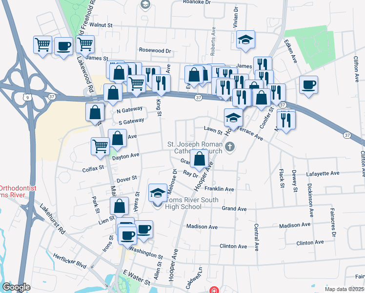 map of restaurants, bars, coffee shops, grocery stores, and more near 92 Dayton Ave in Toms River