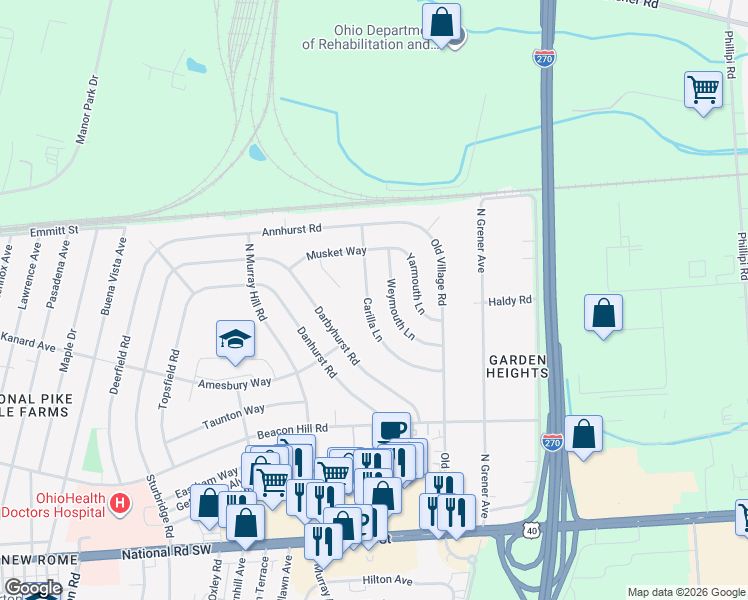 map of restaurants, bars, coffee shops, grocery stores, and more near 374 Carilla Lane in Columbus