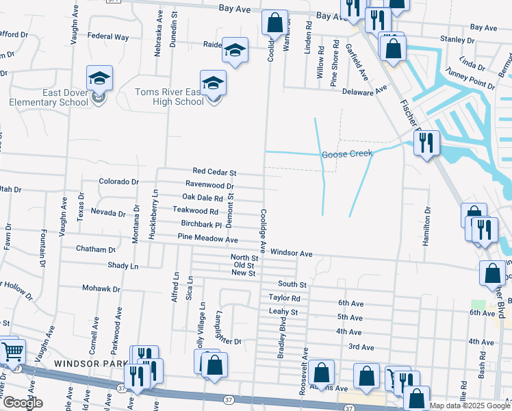 map of restaurants, bars, coffee shops, grocery stores, and more near 2023 Oak Dale Road in Toms River