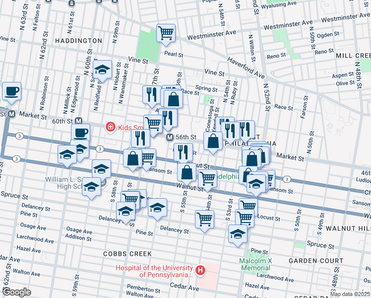 map of restaurants, bars, coffee shops, grocery stores, and more near 26 South 55th Street in Philadelphia