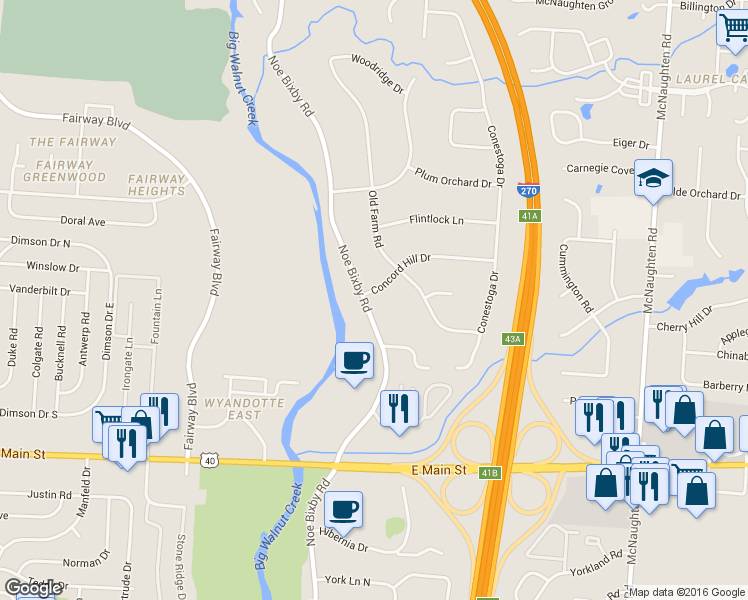 map of restaurants, bars, coffee shops, grocery stores, and more near 5565 Concord Hill Drive in Columbus