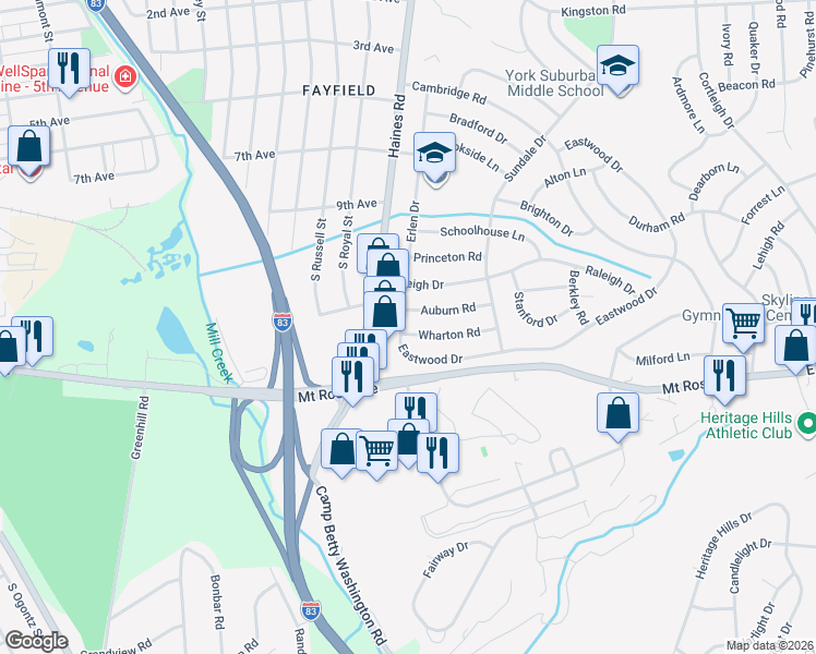 map of restaurants, bars, coffee shops, grocery stores, and more near 2419 Wharton Road in East York