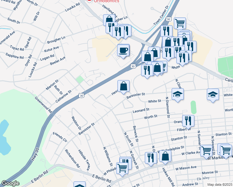 map of restaurants, bars, coffee shops, grocery stores, and more near 2150 Hess Road in York