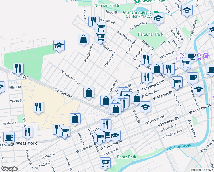 map of restaurants, bars, coffee shops, grocery stores, and more near 656 Linden Avenue in York