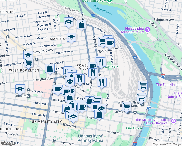 map of restaurants, bars, coffee shops, grocery stores, and more near Drexel University in Philadelphia