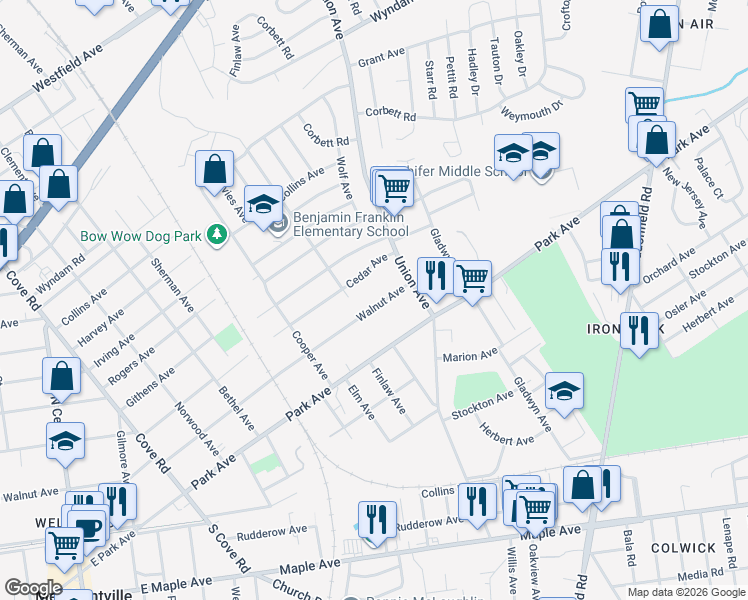 map of restaurants, bars, coffee shops, grocery stores, and more near 7431 Walnut Avenue in Pennsauken Township