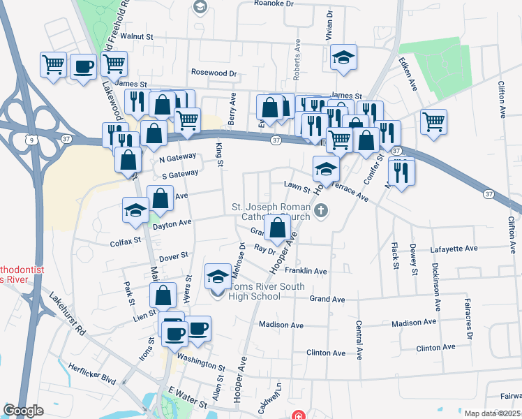 map of restaurants, bars, coffee shops, grocery stores, and more near 92 Dayton Avenue in Toms River