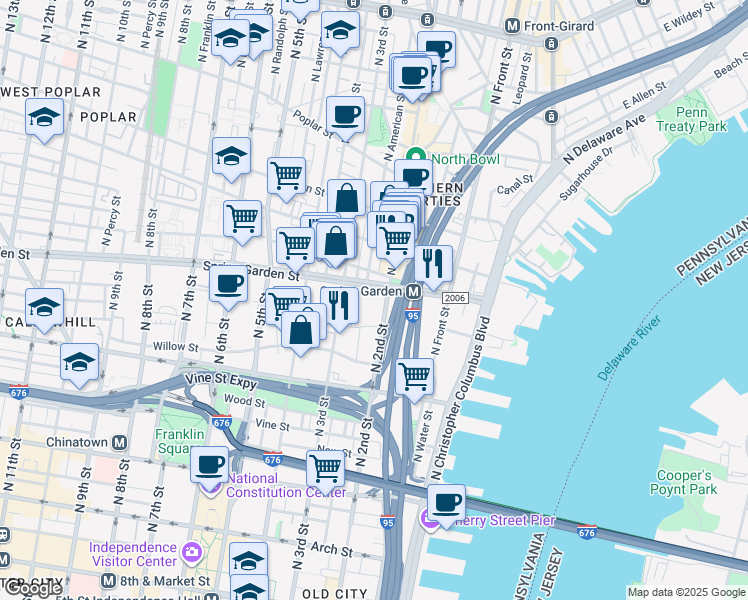 map of restaurants, bars, coffee shops, grocery stores, and more near 200-24 Spring Garden Street in Philadelphia
