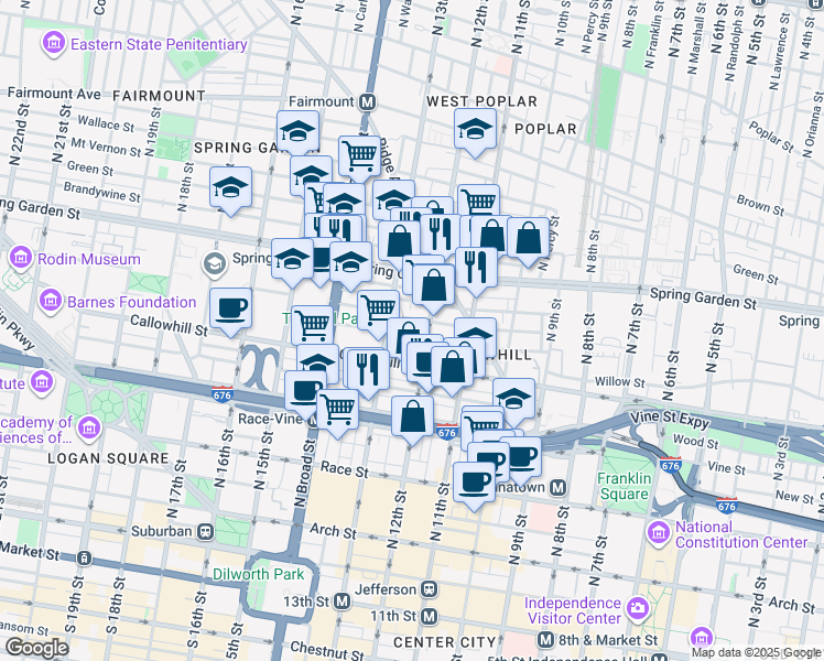 map of restaurants, bars, coffee shops, grocery stores, and more near 1219 Noble Street in Philadelphia