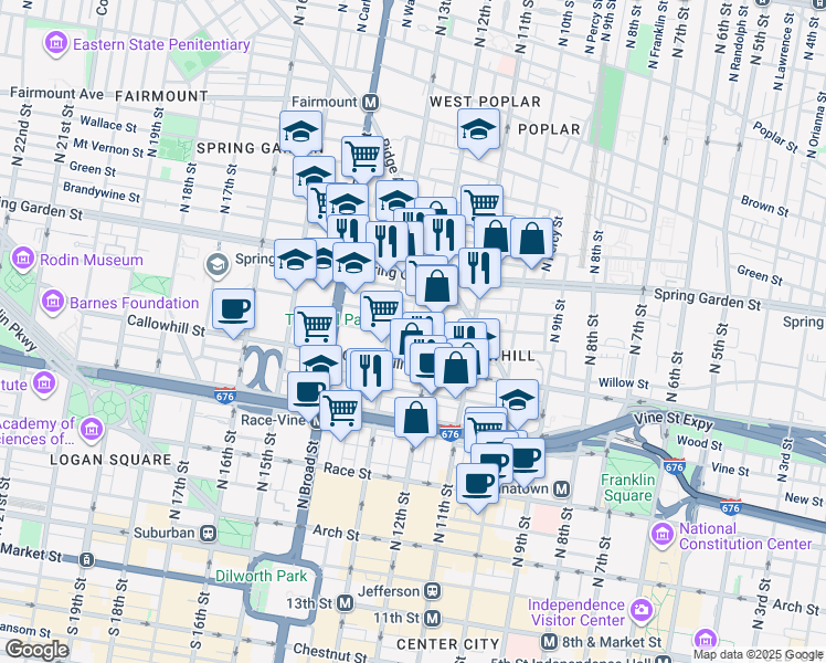 map of restaurants, bars, coffee shops, grocery stores, and more near 1221 Noble Street in Philadelphia