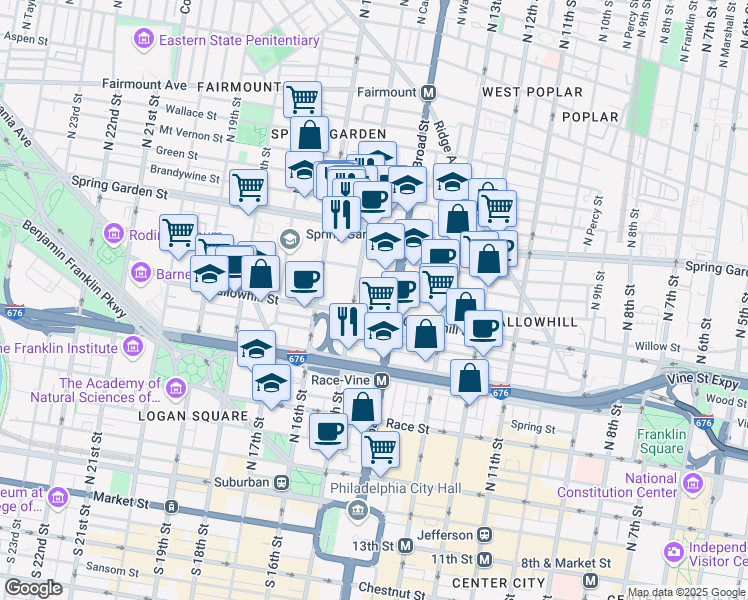 map of restaurants, bars, coffee shops, grocery stores, and more near 400 North Broad Street in Philadelphia