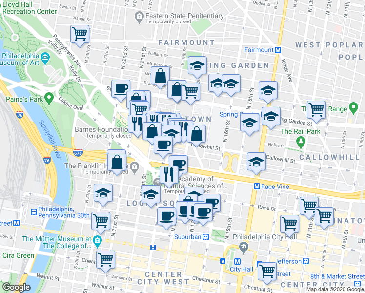 map of restaurants, bars, coffee shops, grocery stores, and more near 319 North 19th Street in Philadelphia