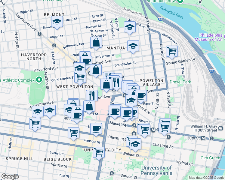map of restaurants, bars, coffee shops, grocery stores, and more near 3823 Pearl Street in Philadelphia