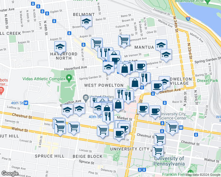 map of restaurants, bars, coffee shops, grocery stores, and more near 3907 Powelton Avenue in Philadelphia