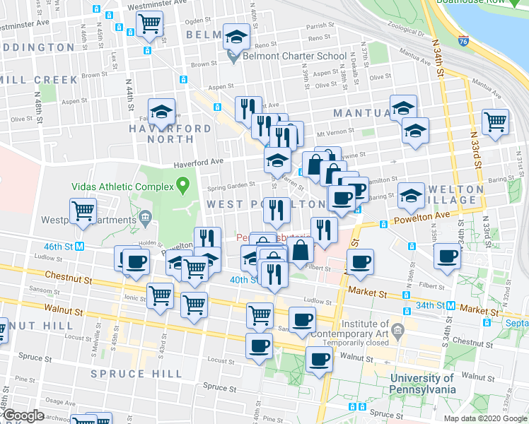 map of restaurants, bars, coffee shops, grocery stores, and more near 318 North 40th Street in Philadelphia
